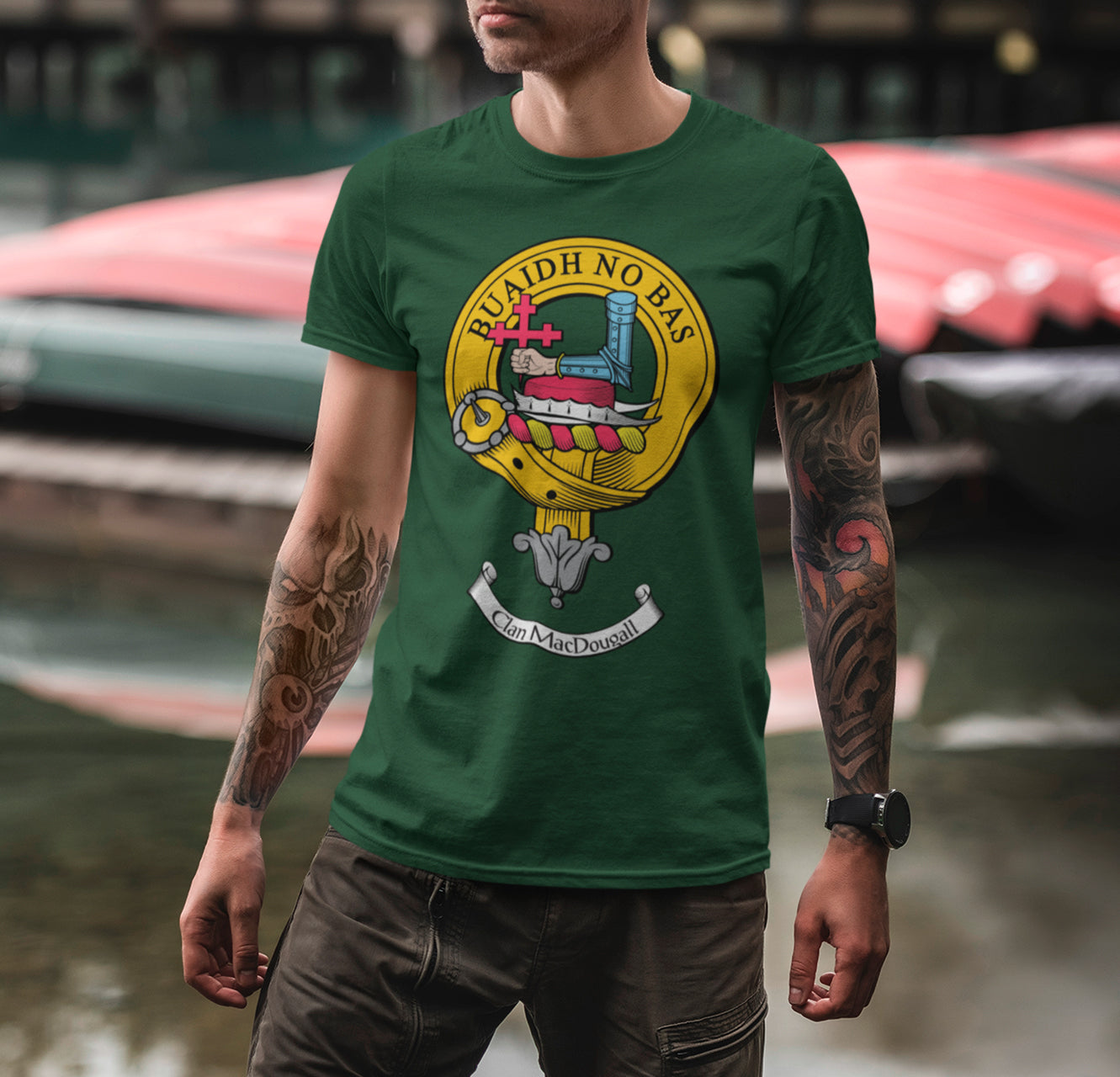 MacDougall Ancient Tartan Crest T-shirt - Alba Celtic Style
