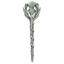 Close-up of the Thistle Kilt Pin, highlighting the intricate details of the winding stem and the standard polished finish, ideal for kilt wearers.