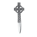 Celtic Cross Kilt Pin handmade in Scotland from lead-free pewter, measuring approximately 85mm by 28mm.