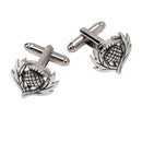Close-up of Traditional Thistle Cufflinks in Copper or Pewter highlighting intricate craftsmanship.