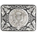 Scotland Enamel Belt Buckle featuring a Thistle and Celtic Border design in polished pewter, perfect for enhancing your outfit.