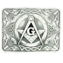 Masonic Belt Buckle featuring a Thistle and Celtic Border, crafted in polished pewter by The Sgian Dubh Co, presented in a stylish black box.