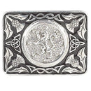 Lion Rampant Enamel Belt Buckle featuring a Thistle and Celtic Border design in polished pewter, presented in a Sgian Dubh Co black presentation box.