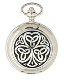 Shamrock Mechanical Pocket Watch displayed in black presentation box with chain, perfect for enhancing any kilt or dress outfit.