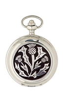 Close-up view of the intricate detailing on the Three Thistle Mechanical Pocket Watch with full hunter design, highlighting its stylish appeal and luxurious presentation.