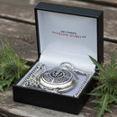 Silver pocket watch with chain in a black box, featuring 'The Sohan Dubai' branding.