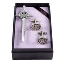 Round Thistle Kilt Pin & Cufflink Set displayed in a stylish black presentation box, featuring the iconic thistle, Scotland's national flower, perfect for enhancing your Highland dress or as a thoughtful gift.