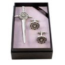 Celtic Targe Kilt Pin and Cufflink Set displayed in an elegant black presentation box by The Sgian Dubh Co.