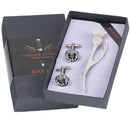 Set of kilt pin, cufflinks, and tie clip in a gray box with 'The Sgian Dubh Kilt' branding.