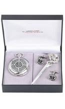 Celtic & Thistle 3 Piece Mechanical Watch Gift Set featuring a stylish pocket watch, kilt pin, and cufflinks in a black presentation box from The Sgian Dubh Co.