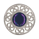 Stroma Brooch made of high-quality pewter featuring a striking colored stone, showcasing intricate thistle and plaid patterns, perfect for adding a touch of elegance to any outfit.