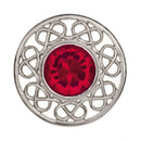 Stroma Brooch with intricate thistle and plaid pattern, showcasing high-quality pewter construction and a striking colored stone.