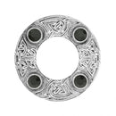 Dancers Celtic Plaid Brooch showcasing high-quality pewter construction and intricate thistle detailing.