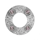 Close-up image of Dancers Celtic Plaid Brooch highlighting the striking colored stone in the center.