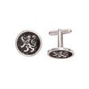 Elegant Lion Rampant Cufflinks in matte antique finish showcasing intricate black enamel details by Art Pewter.