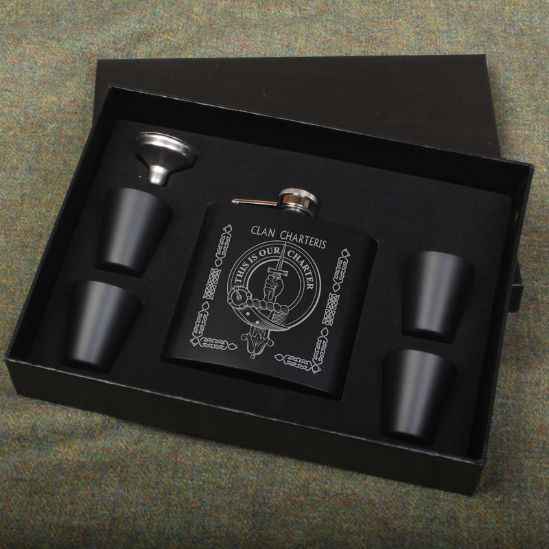 Charteris Clan Crest Engraved 6oz Matt Black Hip Flask Gift Set with Cups and Funnel
