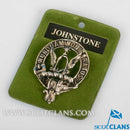 Johnstone Clan Crest Badge in Pewter showcasing a detailed belted design, perfect as a cap badge or large brooch pin for clan gatherings.