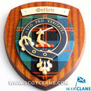 Close-up view of the Guthrie Clan Crest Plaque highlighting the intricate design of the hardwood shield and tartan, a perfect representation of Scottish heritage.