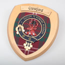 Crawford Clan Crest Plaque, handmade in Glasgow, Scotland, showcasing a beautifully crafted hardwood shield featuring the clan crest design with tartan patterns.