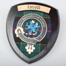 Forsyth Clan Crest Wall Plaque, handmade in Glasgow, Scotland, showcasing traditional Scottish artistry on a hardwood shield.
