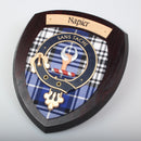 Napier Clan Crest Wall Plaque, handmade in Glasgow, Scotland, featuring a beautiful hardwood shield and tartan design, perfect for gifting.