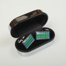 Duncan Ancient Tartan Cufflinks showcasing vibrant tartan patterns, customizable shapes, and presented in a sleek metallic box, perfect for adding a touch of elegance to any outfit.