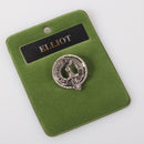 Elliot Clan Crest Small Pewter Pin Badge showcasing Scottish heritage, perfect for brooch or lapel pin use, featuring high-quality pewter with an antique palladium finish.