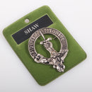 Shaw Clan Crest Badge in Pewter showcasing a beautiful design with belted crest, perfect for displaying clan pride.