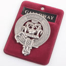 Galloway Clan Crest Badge in Pewter - A stylish and traditional decorative badge featuring the belted design, perfect for wearing as a cap badge or a brooch pin at clan gatherings.