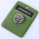 Anderson Clan Crest Small Pewter Pin Badge showcasing Scottish heritage, made from high-quality pewter with an antique palladium finish, perfect for any outfit.