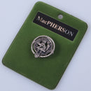 MacPherson Clan Crest Small Pewter Pin Badge showcasing elegant design and antique palladium finish, perfect for proud members of the MacPherson clan.