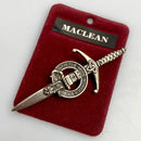Clan Crest Pewter Kilt Pin featuring the MacLean Crest, crafted in Scotland with an antique finish, perfect for enhancing any traditional kilt outfit.