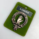 Lamont Clan Crest Badge in Pewter showcasing intricate design and durable construction, perfect for displaying clan heritage.