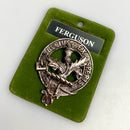 Fergusson Clan Crest Badge in Pewter, featuring a traditional belted design, perfect for showcasing clan heritage.
