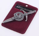 Close-up view of Clan Crest Pewter Kilt Pin with Abercrombie Crest, highlighting the intricate design and quality of Scottish pewter.