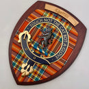 Chattan Clan Crest Plaque handmade in Glasgow, Scotland, featuring a hardwood shield and authentic tartan design, perfect for gifting.