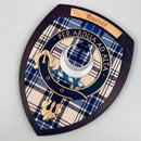 Hannay Clan Crest Plaque showcasing Scottish heritage with a hardwood shield and authentic tartan, handmade in Glasgow, Scotland.