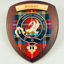 Stewart Clan Crest Plaque beautifully handcrafted with Scottish tartan, perfect for home decor.
