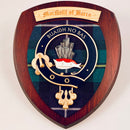 MacNeil Clan Crest Plaque handcrafted from solid hardwood in Glasgow, Scotland, showcasing the clan's tartan and traditional Scottish design.