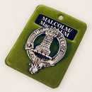 MacCallum Clan Crest Badge in Pewter, showcasing the intricate details and traditional belted design, perfect for proud clan members.