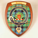 Dundas Clan Crest Plaque - Handmade wall decor from Glasgow, Scotland featuring unique tartan design and hardwood shield, perfect for showcasing Scottish heritage.