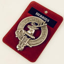 Herries Clan Crest Badge in Pewter worn as a brooch pin, showcasing the traditional belted design representing clan heritage. Perfect for everyday wear and gatherings.