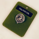 MacNicol Clan Crest Small Pewter Pin Badge showcasing high-quality pewter with antique palladium finish, perfect for expressing Scottish heritage and style.
