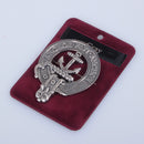 Gray Clan Crest Badge in Pewter featuring a traditional belted design, perfect for cap or brooch pin use, ideal for clan gatherings.