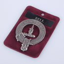 Bell Clan Crest Badge in Pewter showcasing the traditional belted design, ideal for cap or brooch use in clan gatherings.