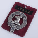 Colville Clan Crest Badge in Pewter featuring a traditional belted design, ideal for everyday wear or clan gatherings, made by St Kilda.