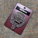 Dundas Clan Crest Badge in Pewter showcasing the traditional design with a belted clansman belt, ideal for everyday wear or clan gatherings.