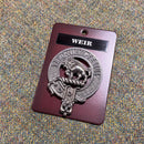 Weir Clan Crest Badge in Pewter, perfect for showcasing your clan pride. Use it as a cap badge or brooch pin for everyday wear and clan gatherings. Features a durable locking safety pin and traditional belted design.