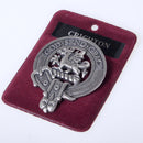 Crichton Clan Crest Badge in Pewter showcasing a traditional belted design, perfect for wearing as a cap badge or large brooch pin.