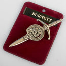 Clan Crest Pewter Kilt Pin with Burnett Crest featuring an antique palladium finish, perfect for showcasing Scottish heritage.